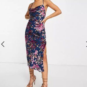 Blue cowl neck slip midi dress with velvet floral pattern US size 6